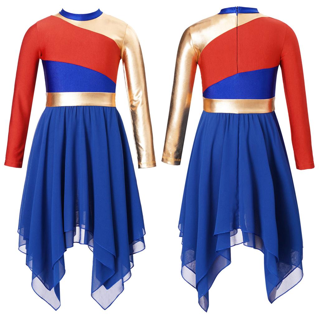 Kids Girls Praise Lyrical Dance Dress Long Sleeve Asymmetrical Chiffon Hem Contrast Dress Dancing Costumes