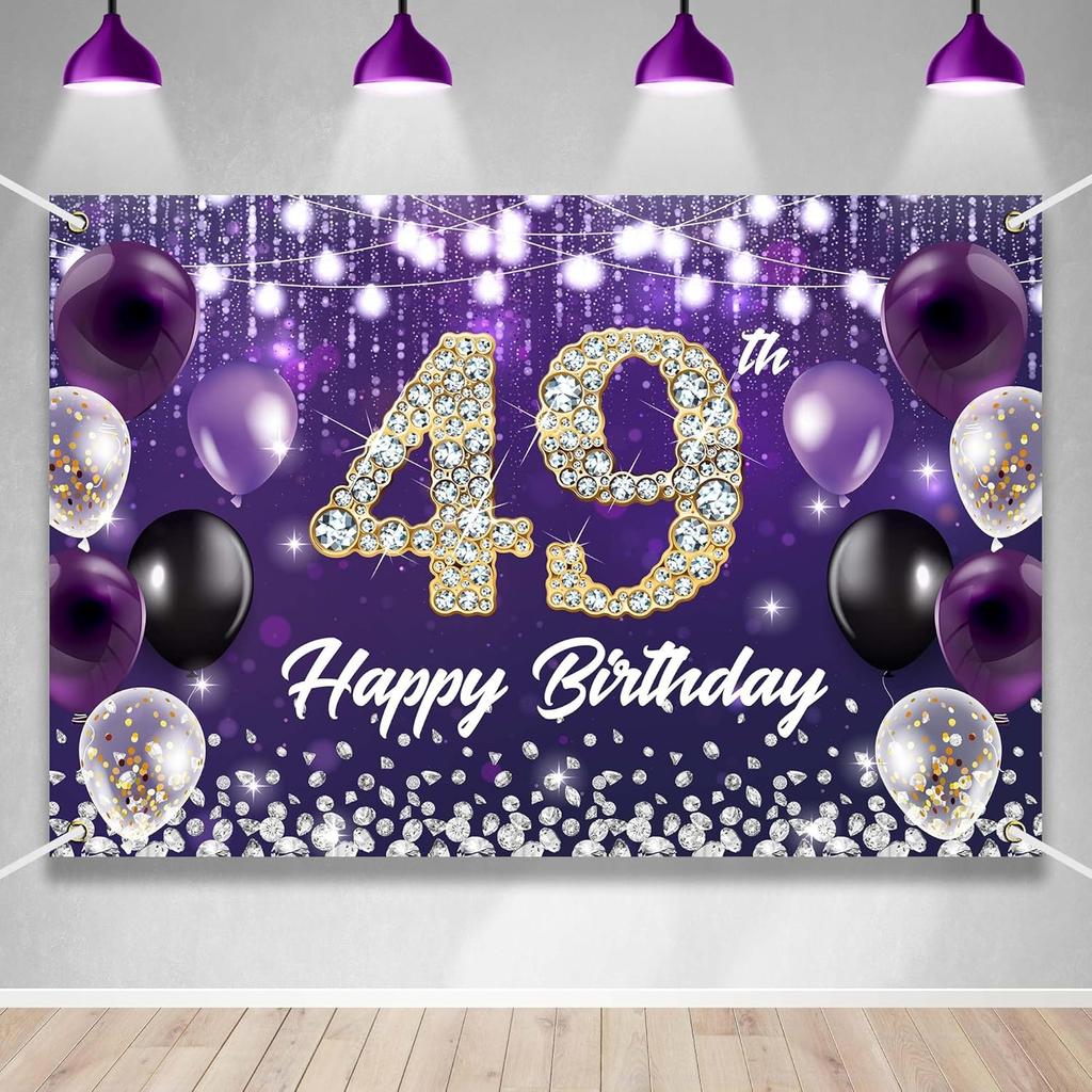 Happy 60th Birthday Backdrop Banner Purple Theme Background with Shiny Diamond Noble Elegant Birthday Party Photo Photography Prop Booth Background