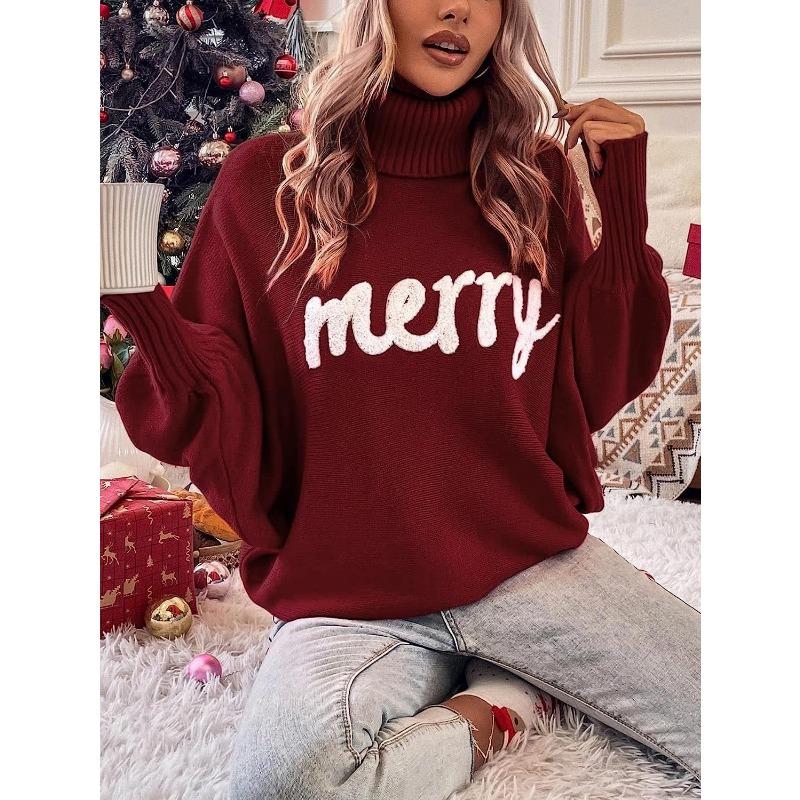 

Осенне-зимний свитер с вышивкой и рождественским воротником, свободный трикотажный топ с рукавами «летучая мышь» XL темно-красного