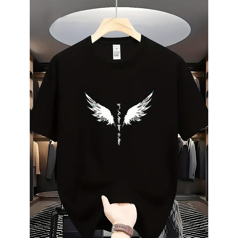 

European Size Versatile Summer Crew Neck Short Sleeve T-Shirt, Casual Style, Double Wing Graphic Tee, Perfect for Summer Cool Sports, Hiking 4XL