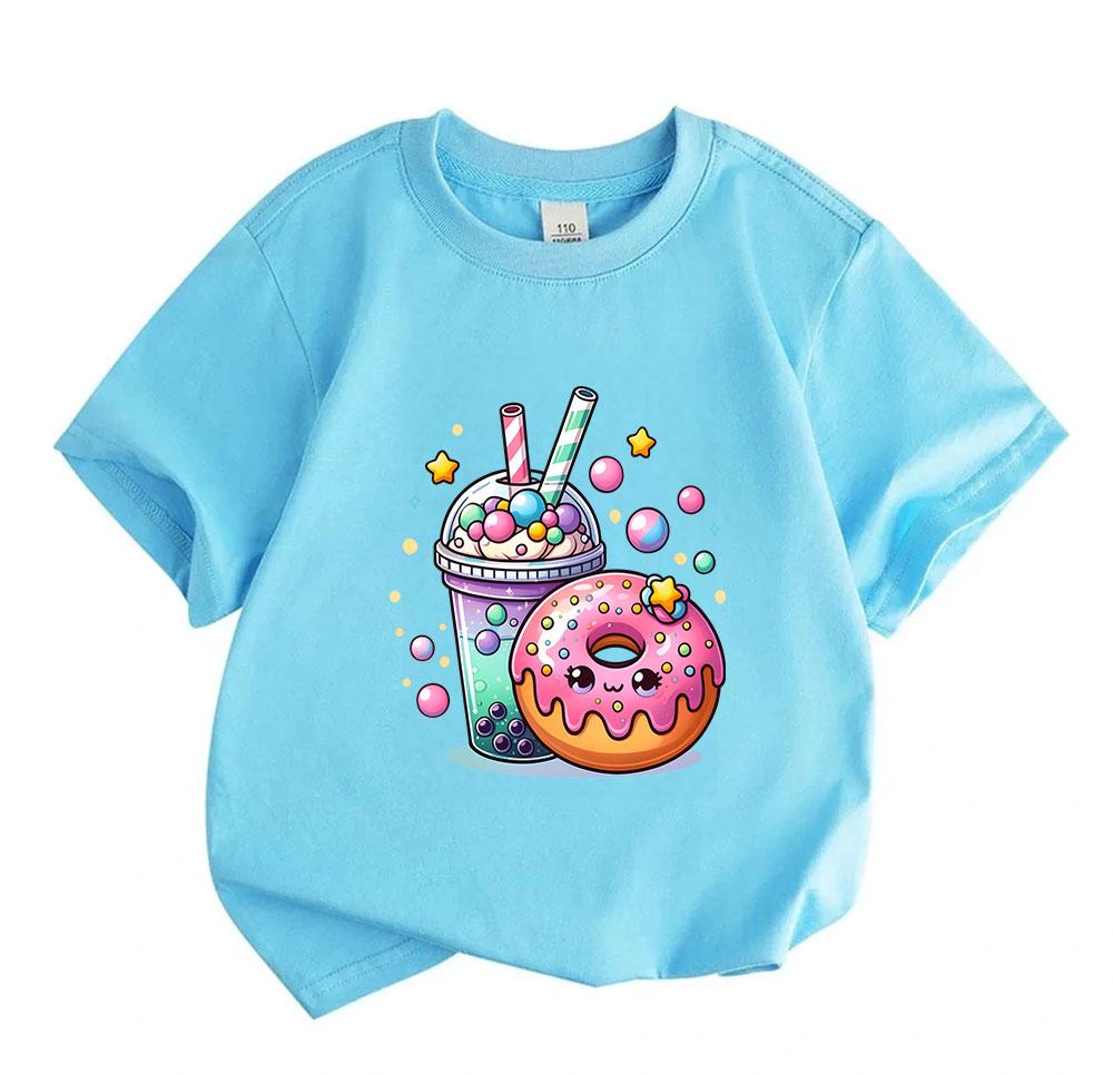 Kids Boys Girls Crew Neck Short Sleeve 100% Cotton T-Shirt, Cute Cartoon Bubble Tea Donut Graphic Casual Lightweight Summer Tee for Children Daily Wea