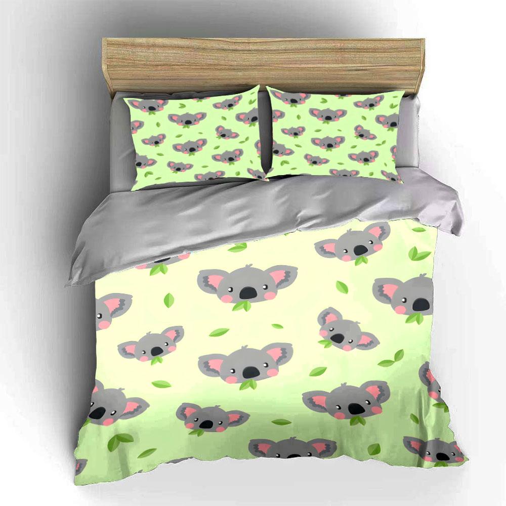 Cute Koala Pattern with Leaves Bedding Duvet Cover Set  (1*Duvet Cover 2*Pillowcases, without duvet insert)