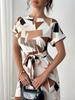 European Women's Fashion V-Neck Square Print Midi Dress