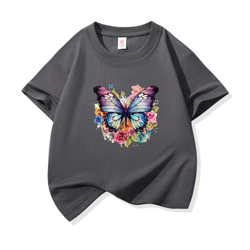 Kids Cotton T Shirt Colorful Floral Watercolor Butterfly Print Crew Neck Short Sleeve Tee Casual Boys Girls Summer Tops