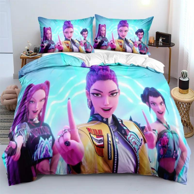 KPop Demon Hunters Themed Bedding Set Colorful Print Polyester Student Dormitory Bed Sheet Quilt Cover Kid Gift Home Textile