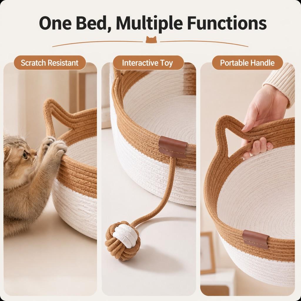 Handgeweven katoenen kattenmand interactieve schuurklauwennest met schommelend speelgoedstaart vierseizoenen ademend huisdierbed karamel kattenmand + speelbal medium