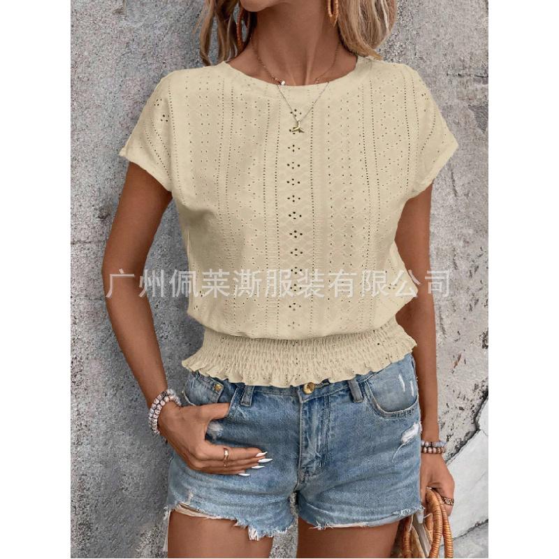 2026 Spring/Summer Jacquard Solid Color Round Neck Ruched Hollow Batwing Short Sleeve Women's T-Shirt for Commuting