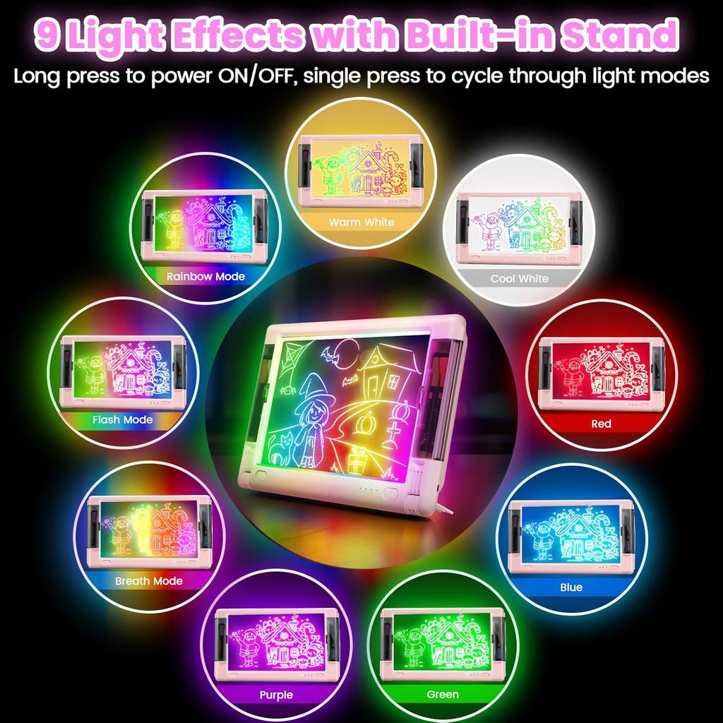 Rechargeable LED Drawing Board, 15 Inch Lumiboard 9-Color Light Modes Neon Art Light Up Writing Tablet Tracing Pad for Kids, Sketching Gift Toy for