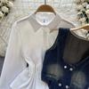 Chic Hong Kong Sle Retro Denim Väst Väst Trendig Staplad Allmatchande Kort Puffärm Skjortor Tvådelat Set Topp
