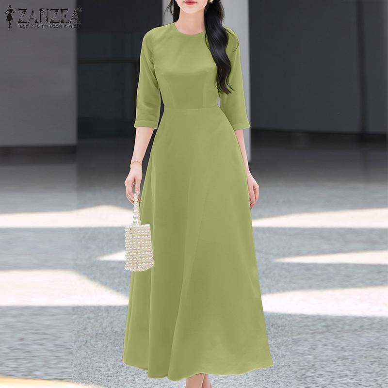 ZANZEA Women Casual Round Neck Solid Color 3/4 Sleeve Summer Long Dress