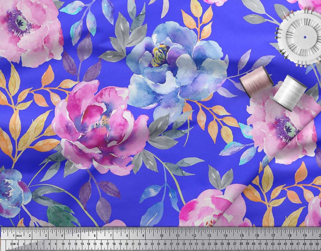 Soimoi Japan Crepe Satin Fabric Leaves & Peony Flower Print Fabric by the Metre 42 Inch