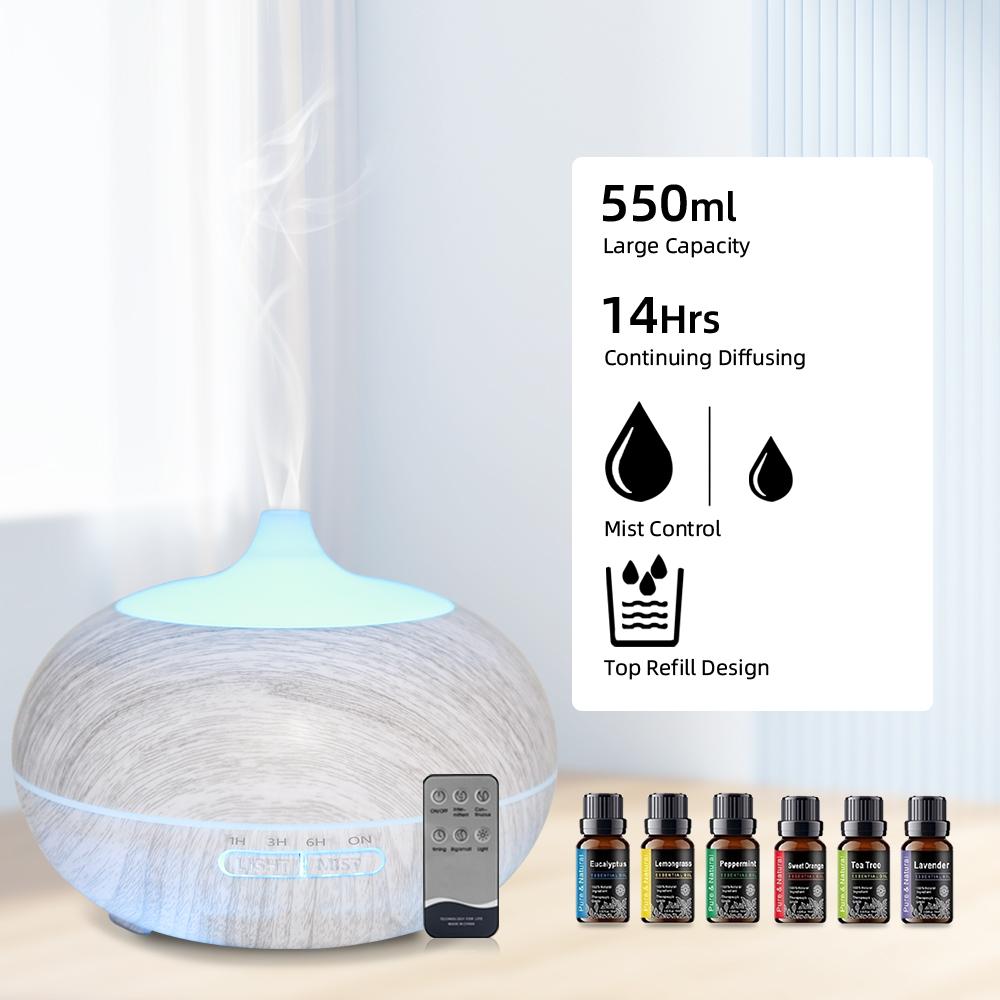 550ml Difuzér esenciálních olejů s dřevěným dekorem Dodává se s dálkovým ovládáním, 6 oleji a 7barevným LED náladovým světlem