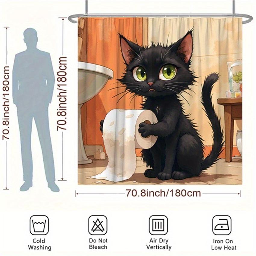 1pc Black Cat Toilet Paper Shower Curtain - Green Eyes, Slightly Annoyed, Earthy Tones, Polyester, 70.8x70.8", Humorous Design