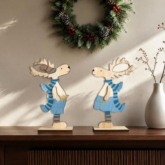 Rustic Wood Holiday Centerpieces 2Pcs Wooden Christmas Reindeer Ornaments, Cute Elk Desktop Decorations, Double Sided Signs Tabletop Centerpiece