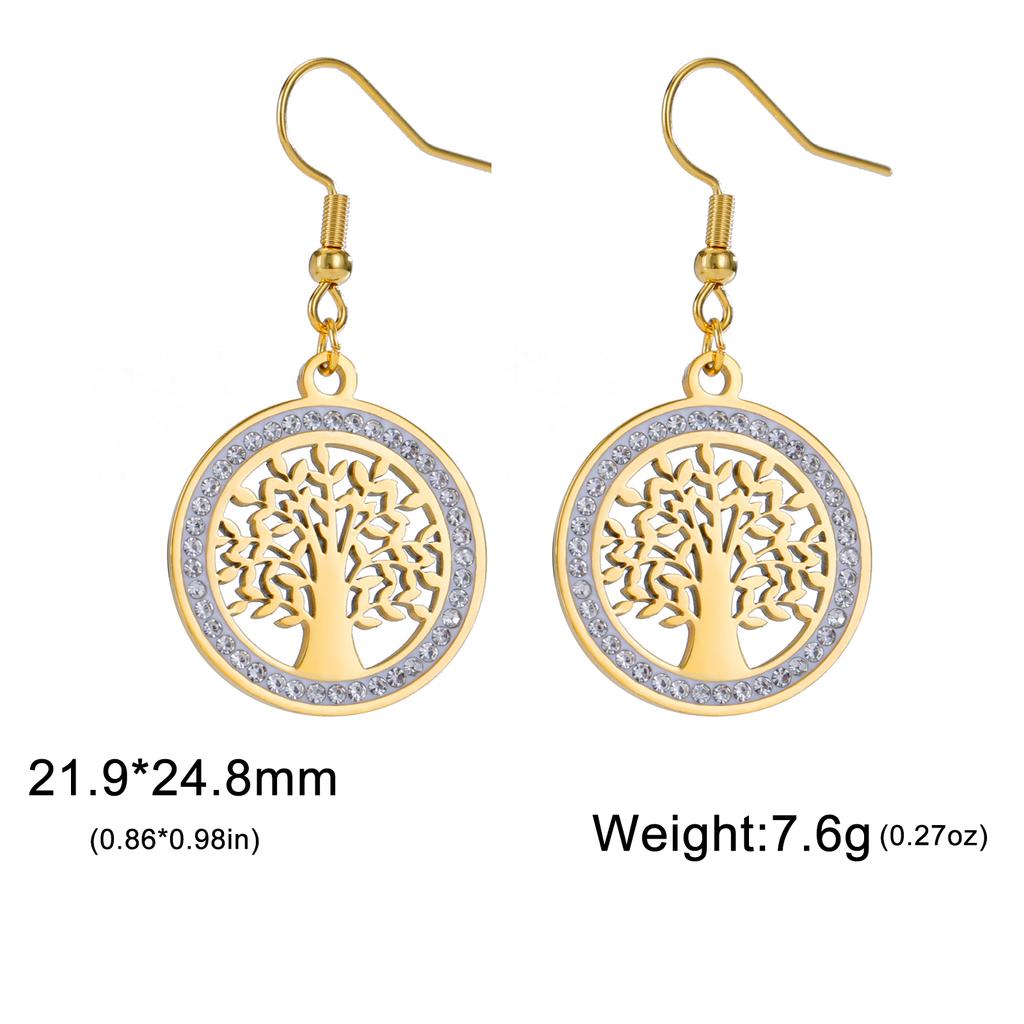 Tree of Life Women's Earrings Stainless Steel Gold Clear Zircon Round Pendant Dangle Earring Amulet Jewelry Gift