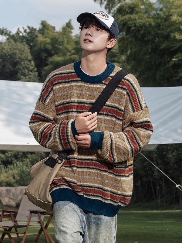 Mountain Style Retro Colorblock Stripe Sweater - Trendy American Knitwear for Couples (Autumn/Winter)