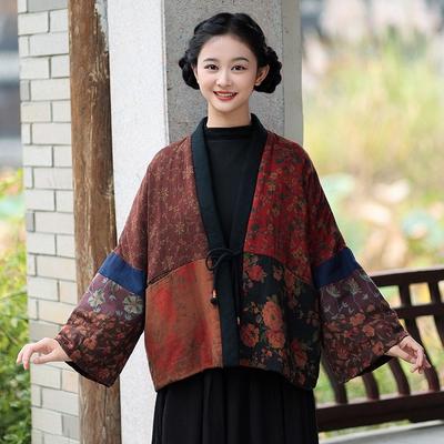 Dámské Vintage Patchwork Barevné Dlouhý Rukáv Pás Kabáty Zimní Čínský Styl Dámské Kabáty
