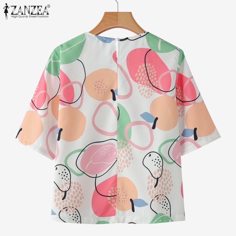 ZANZEA Women Print Casual Round Neck Loose Summer Half Sleeve Blouse