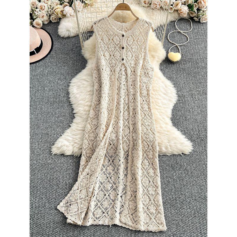French Style Hollow-out Crochet Knit Vest Dress Women Seaside Holiday Style Cover Up Stacked Sleeveless Split Long Skirt