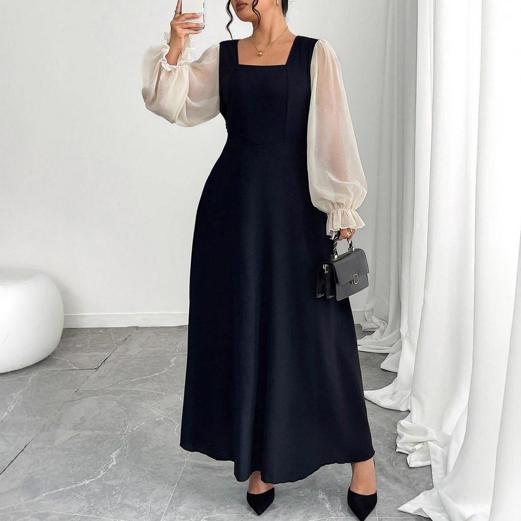 New Stylish Square-neck Puffed Sleeve Mesh Patchwork Dress for Women