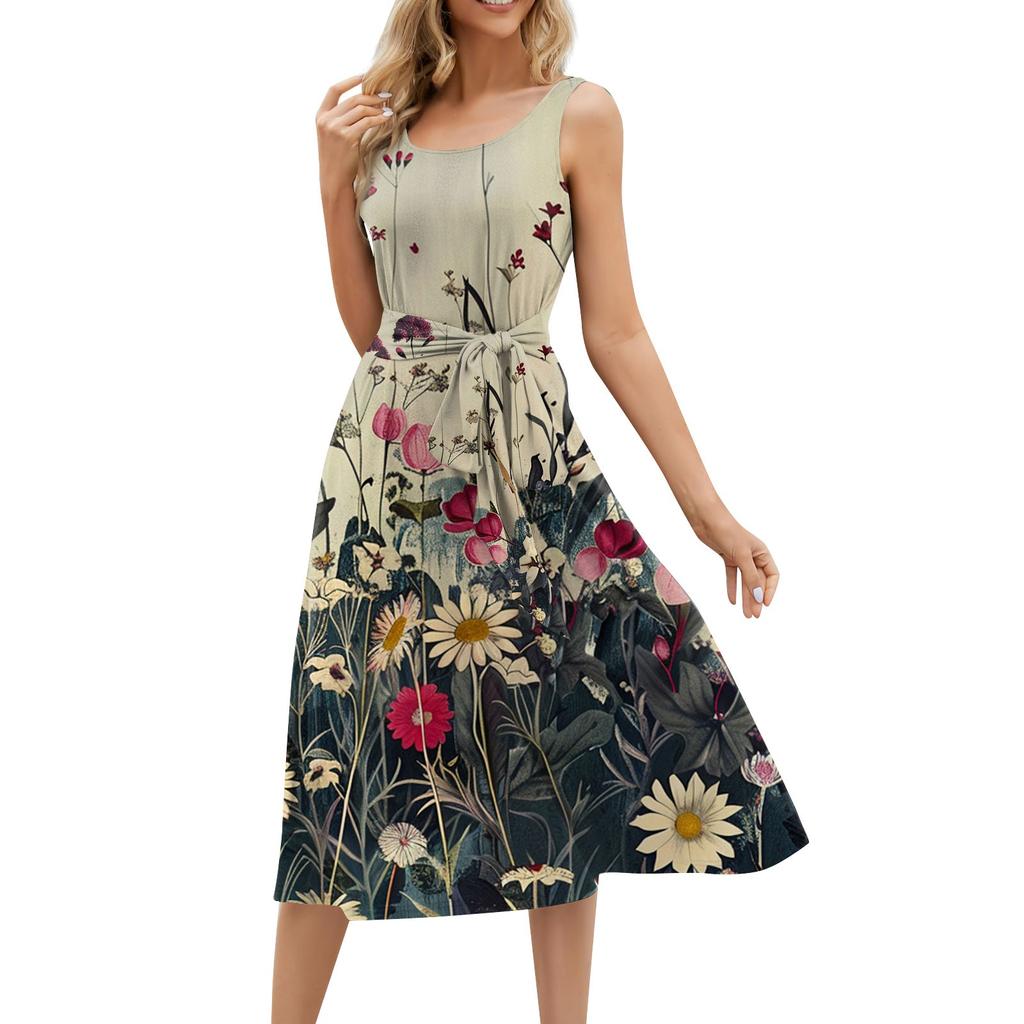 Summer Dresses For Women 2024 Beach Loose Round Neck Sleeveless Midi A-Line Swing Dress Sundresses With Pockets