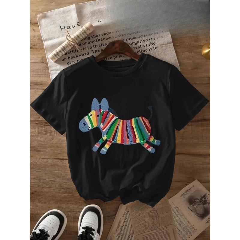 

European sizes Women S 100% Graphic Print T-Shirt - Soft & Comfortable Casual Tee with Colorful Rainbow Horse Design, Short Sleeve Round Neck 4XL чорний