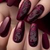 24PCS Gothic False Nails Dark Red Vine Pattern Medium Coffin Press On Nail Sticker Sweet Cool Glossy French Fake Nail Spice Girl