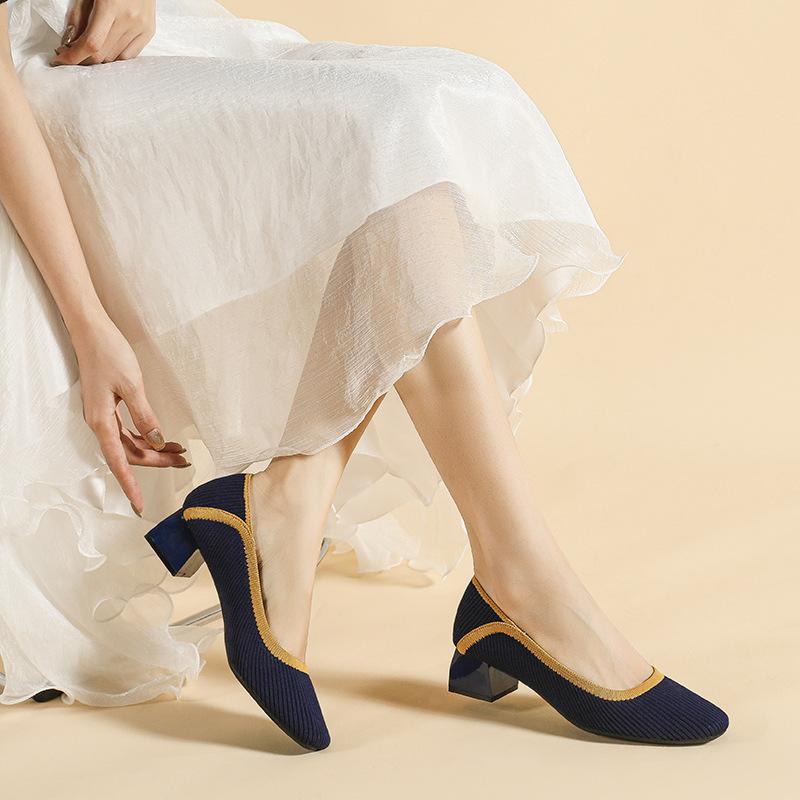 Heels for Women Knit Pump Shoes Low Heel Womens Dress Shoes Work Office Square Toe Casual Business Chunky Heels Slip On Dressy Heels for Women
