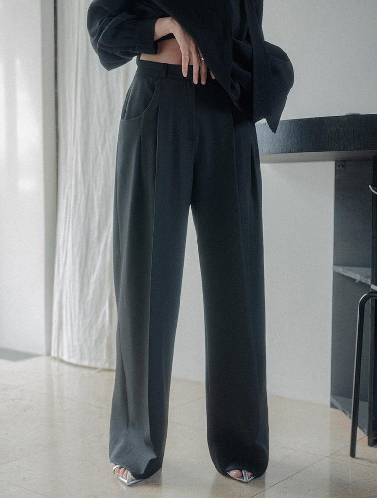 Memua Elbor Pintuck Wide Slacks (Charcoal)