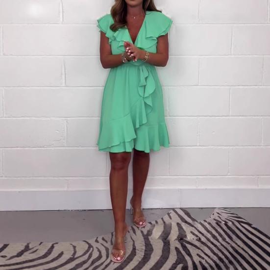 Women's Summer V-Neck Mini Dress Ruffle Cap Sleeve Short Wrap Dress Casual Beach Vacation