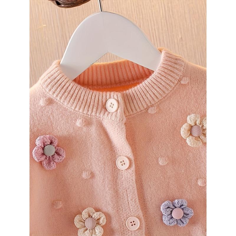 Girls' Embroidered 3D Floral Cardigan Sweater - Soft Pink Pastel Pastel Knit with Blue & Purple Flowers, Machine Washable Round Neck Long Sleeve