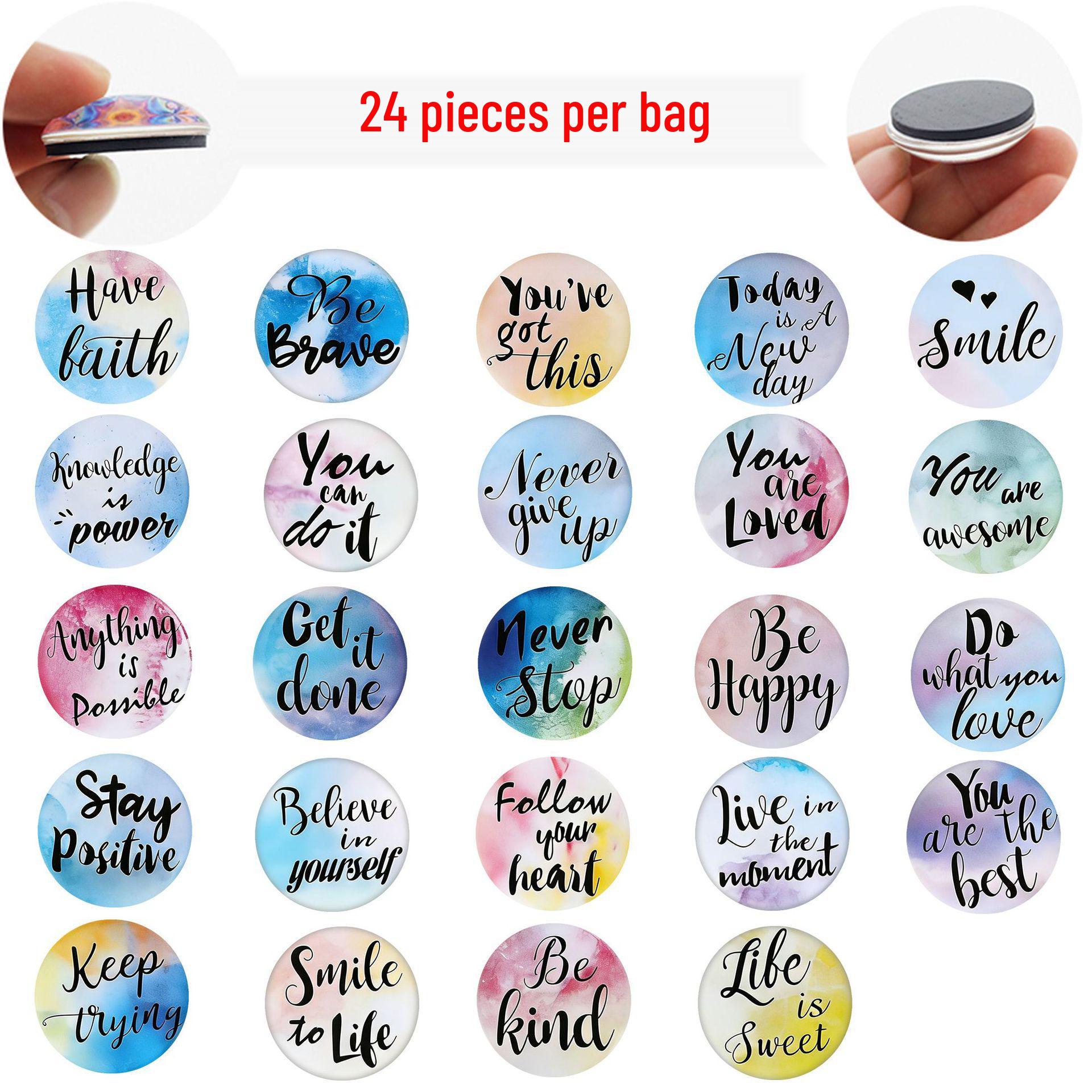 Uplifting Watercolor Gradient English Phrase Crystal Glass Fridge Magnet Gift 25 mm Magnet Set of 24