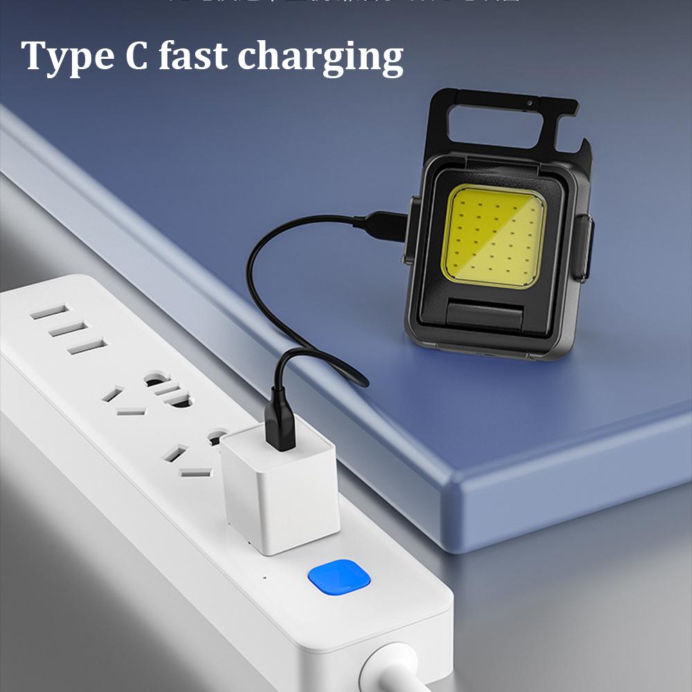 Small Led Flashlight Keychain Light USB Rechargeable Torch Work Light Multifunctional Portable COB 90 ° Rotation Camping Lantern