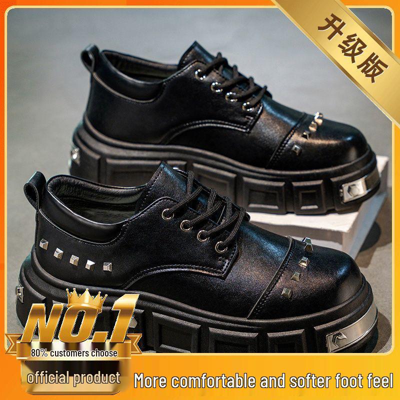 2025 Autumn Men's Black Derby Shoes - Korean Style Trendy Casual Leather with Height Increasing Thick Sole