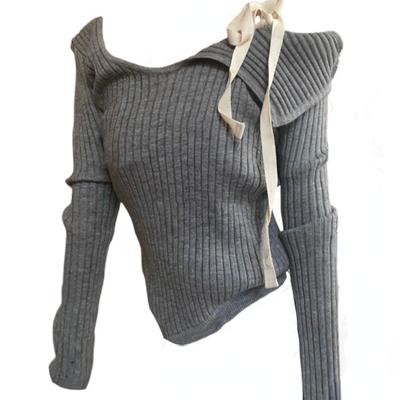 Outono Inverno Cinza Simples Gola Redonda Malha Jumper Casual Manga Longa Malha Pullover Lace-Up Clubwear Moda Japonesa 2023