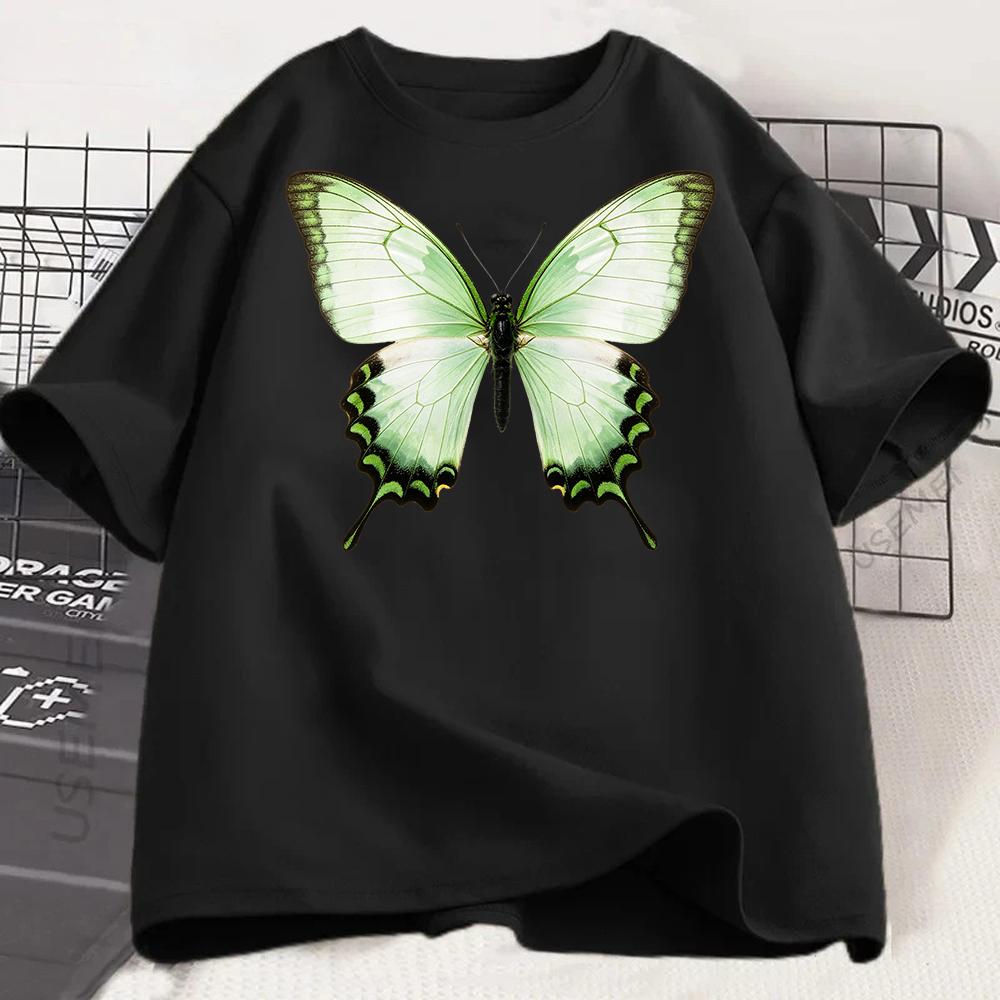 Summer Green Butterfly Printed Tshirt Womens Round Neck Short Sleeve Top Versatile White Half Sleeve D Insect Art Butterfly