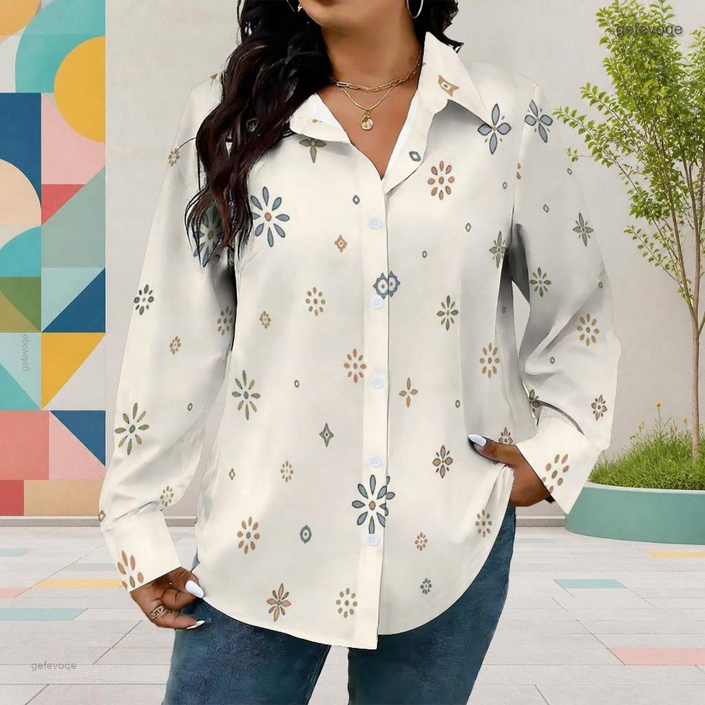 Women Plus Size Collared Long Sleeve Geometric Printed Button Front Shirt