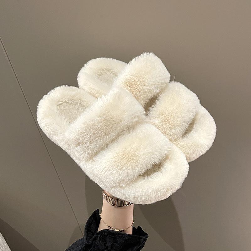 Flat bottom fluffy women's slippers spring autumn and winter one-word fluffy mop warm indoor fashion versatile flat bottom thickened