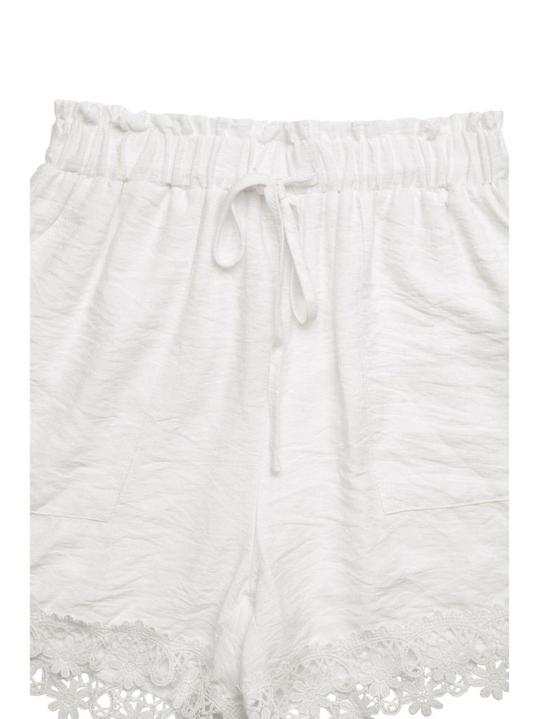 2026 Resort Style White Lace Patchwork Drawstring Shorts