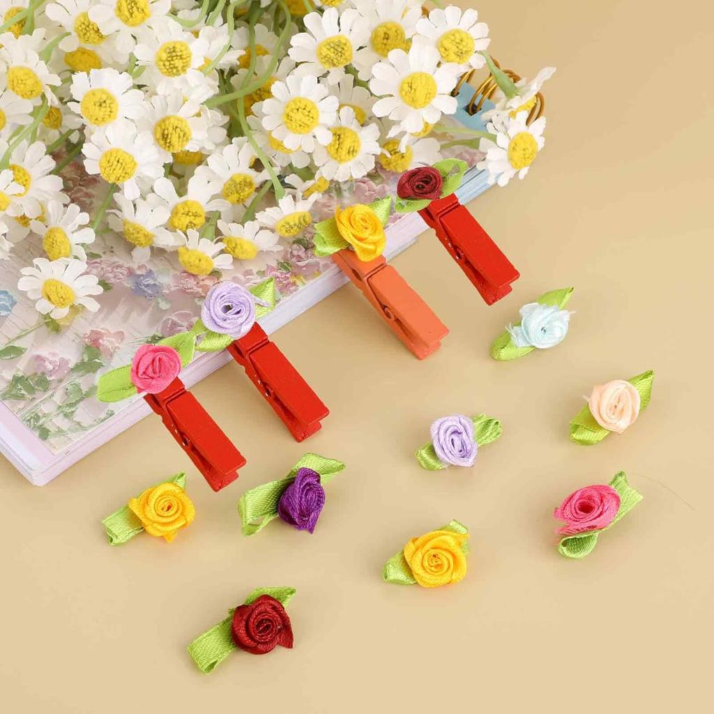 100 Pcs Mini Flowers for Crafts Multicolor Mini Roses Satin Roses with Green Leaves Small Satin Roses Tiny Artificial Fabric Flower Ornament Applique