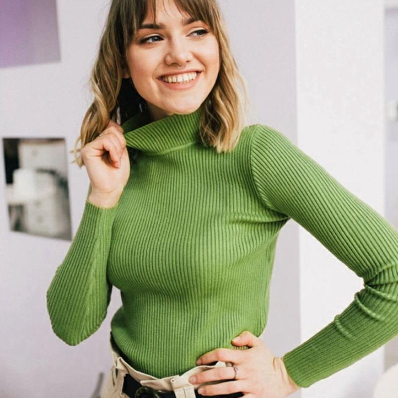 Frauen Herbst Winter Einfarbig Halb Stehkragen Langarm Pullover Slim Fit Stricken Tops