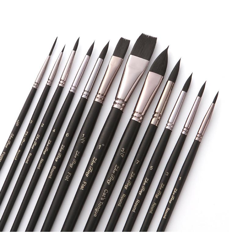 12pcs Artist Paint Brush Set High Quality Nylon Hair Wood Black Handle Watercolor Acrylic Oil Brush Painting Art Supplies