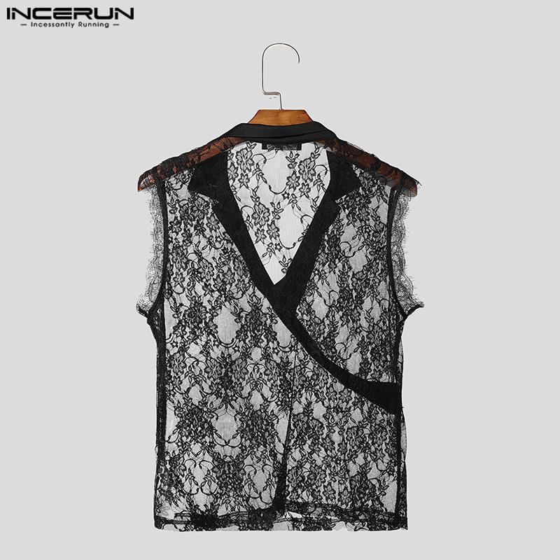 INCERUN Summer Men V Neck Sleeveless Patchwork Mesh Sheer Lace Tank Tops