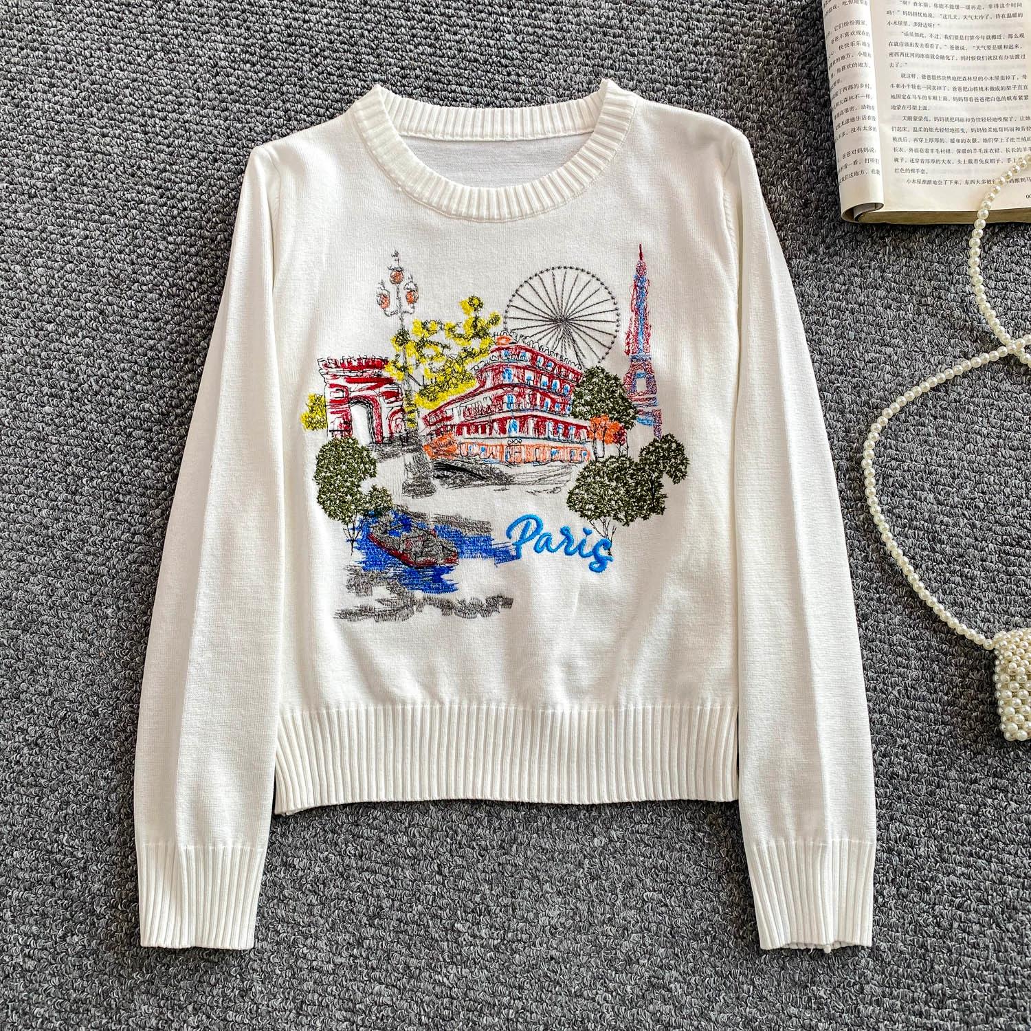 

Autumn Wniter Women Women O-neck Embroidery Flower Knitted Sweater Pullover Tops for School Girl One Size белый