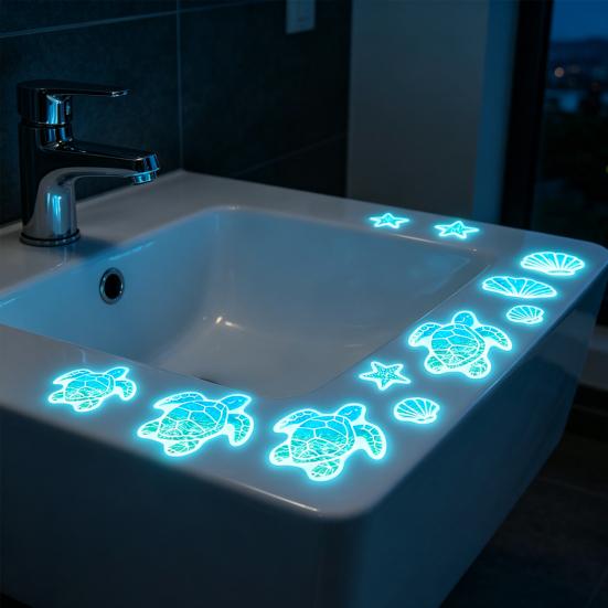 Glow in The Dark Ocean Sink Sticker Self-Adhesive Waterproof Bathroom Decals Cute Turtles Dolphins Sea Animal PVC Sticker for Sinks Bathtubs