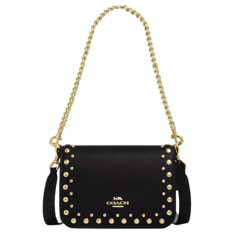 

COACH Quinn 21 With Rivets Metallic Logo Design Fine Pebbled Leather Crossbody Shoulder Bag Small Women s Black чорний