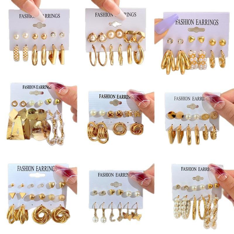 European and American style metal earrings square geometric earrings retro imitation pearl earrings Hepburn style earrings set