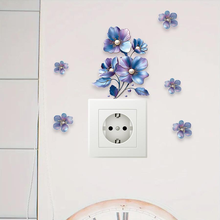 Realistic Blue Botanical Floral Switch Stickers, Self-Adhesive Decor for Room Outlet Wall Decoration