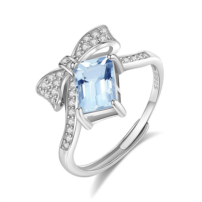 925 Sterling Silver Bowknot Crystal Ring, Adjustable Open Band with Natural Gemstone, Elegant Luxury Women's Jewelry, Perfect Gift