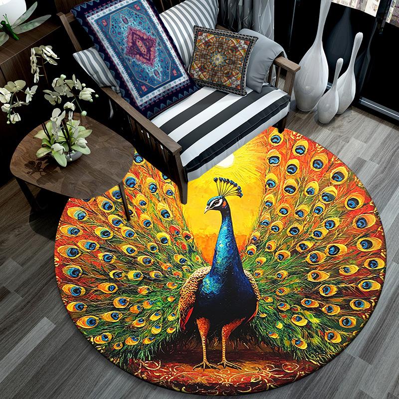 Peacock Round Area Rug,Carpet Rug for Living Room Bedroom Sofa Playroom Decor,Non-slip Floor Mat